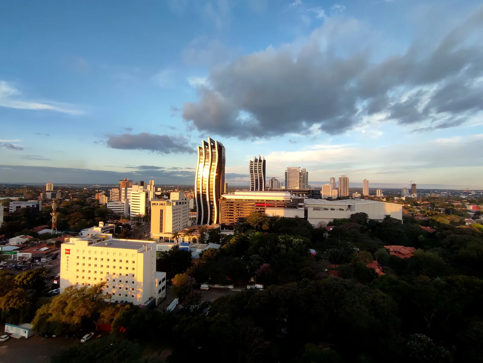 Towers of Asunción’s corporate district, Paraguay, at golden hour